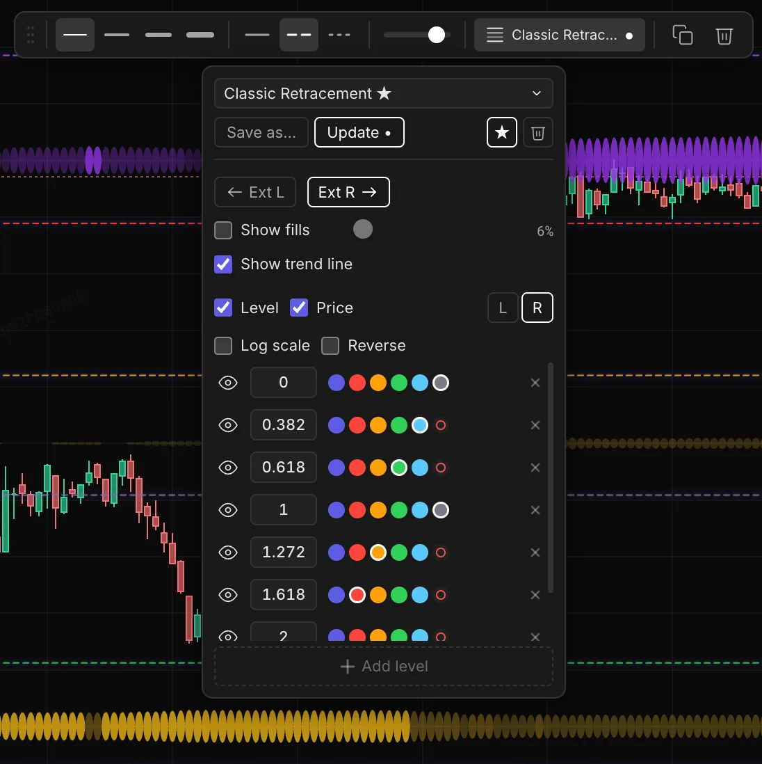 A modified drawing: the dot next to the preset name and the enabled Update button signal unsaved changes